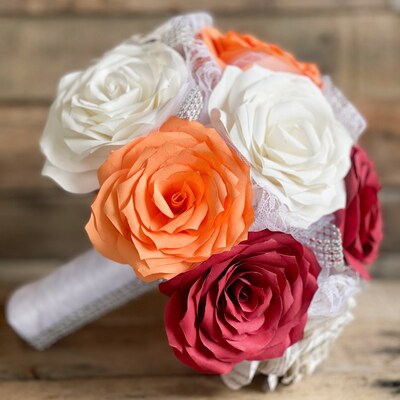 Paper book page and filter paper rose wedding bouquet in peach, white, and burgundy - image2